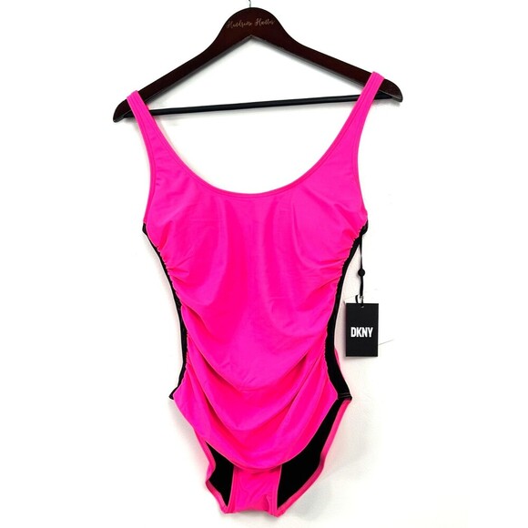 New DKNY One Piece Womens Sz 8 Hot Pink Swimsuit Beach Vacation Resort Rusching - Picture 3 of 10